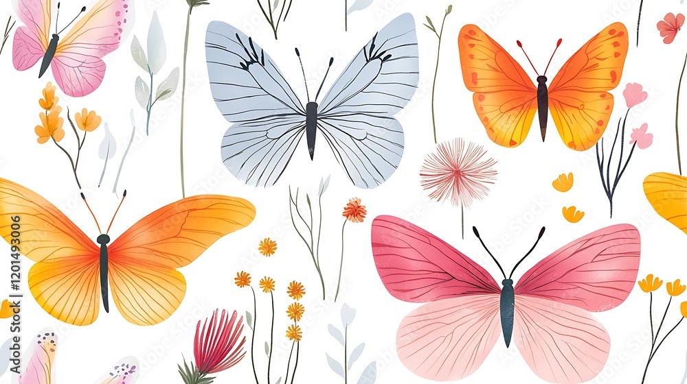 Obraz premium Colorful butterflies and wildflowers pattern; nature background for spring designs