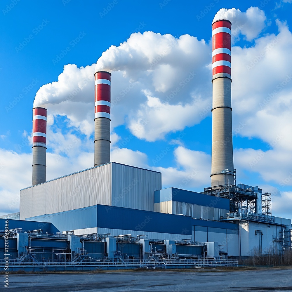 Industrial power plant with three tall smokestacks emitting white smoke against a bright blue sky.
