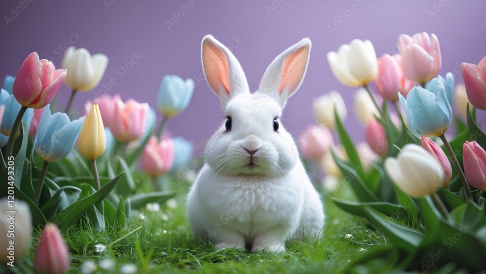 Fototapeta premium Plump white bunny surrounded by colorful tulips in a vibrant garden during a sunny spring day, creating a cheerful and lively atmosphere