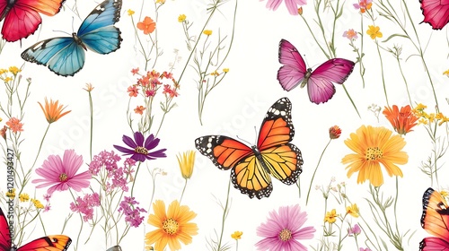 Colorful butterflies and wildflowers on white; nature background for spring designs
