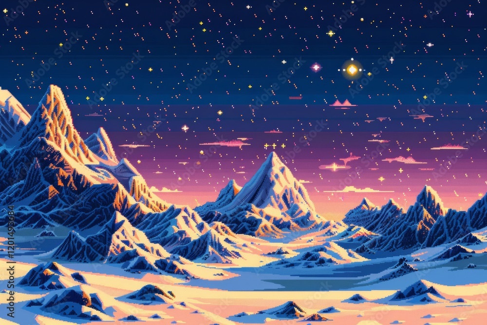 Fototapeta premium A serene winter landscape under a starry sky with mountains and a colorful horizon.