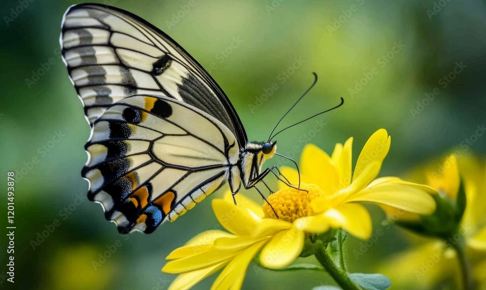 Fototapeta premium Butterfly resting on yellow flowers while feeding on nectar