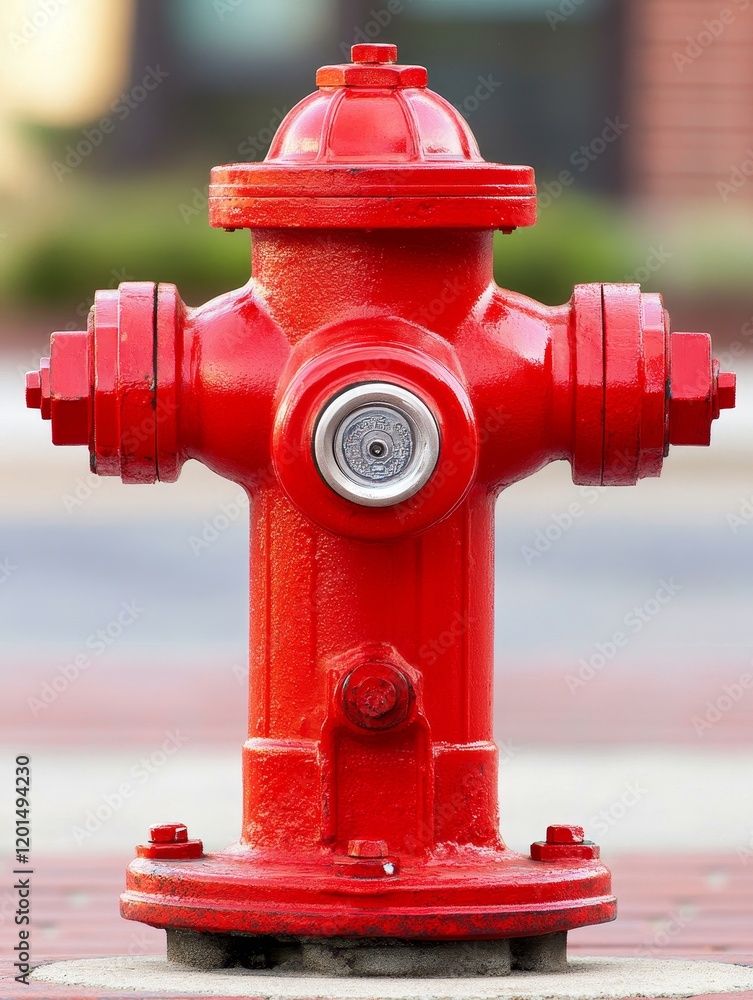 Bright red fire hydrant on urban street ready for emergency use in the daytime Bright red fire hydrant on urban street ready for emergency use in the daytime
