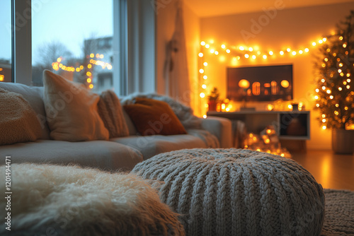 Cozy living room decorated with christmas lights creating warm atmosphere hostingcore photo