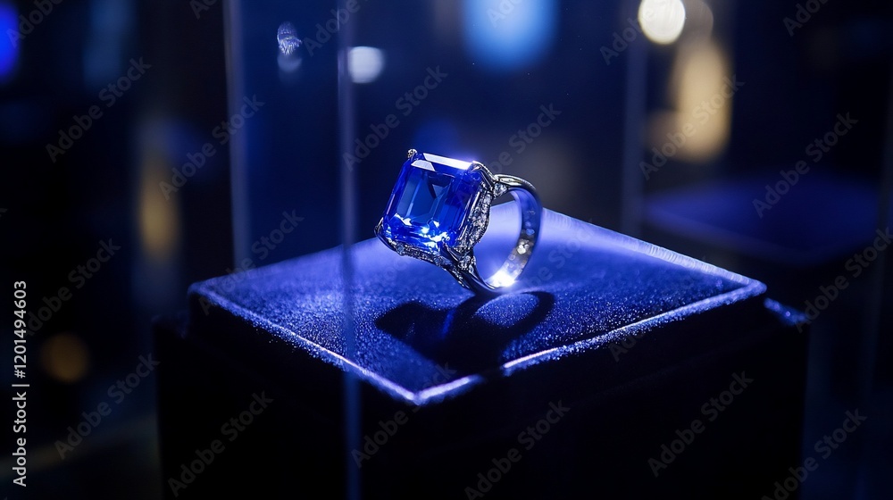 Dazzling blue gemstone ring displayed on a dark blue velvet cushion inside a glass case. Dazzling blue gemstone ring displayed on a dark blue velvet cushion inside a glass case.