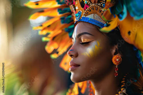 Generative AI Portrait of a Smiling Woman in Colorful Carnival Costume Celebrating at a Vibrant Festival photo