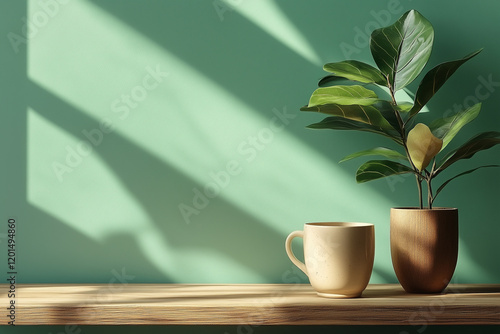 Potted plant and coffee mug creating cozy atmosphere on wooden shelf hostingcore copy space photo