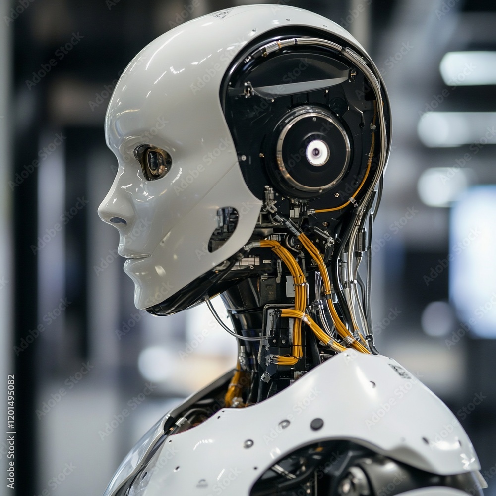 Fototapeta premium Close-up profile of a humanoid robot's head and neck, showcasing intricate mechanical details.