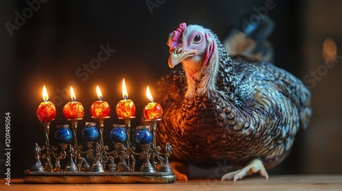 Thanksgiving turkey alongside glowing Hanukkah menorah lit candle festive fusion cultural traditions warm vibrant holiday photography belief religion bold rustic charm candle pet chicken wallpaper photo