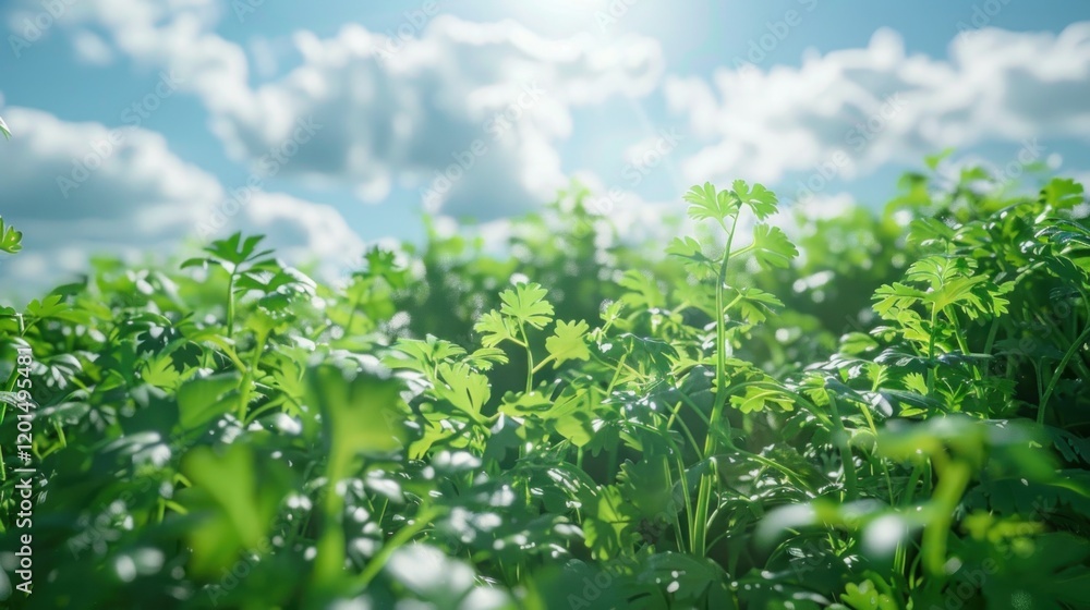 Green leaves of parsley on a background of blue sky with clouds