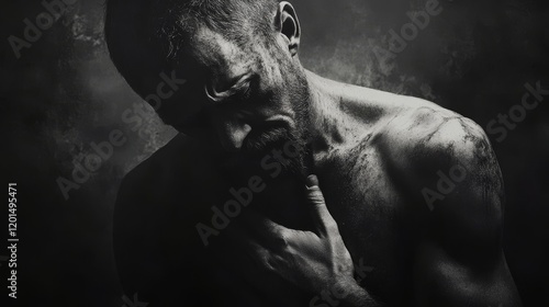 Pensive Man, Weathered Skin, Dark Background Portrait