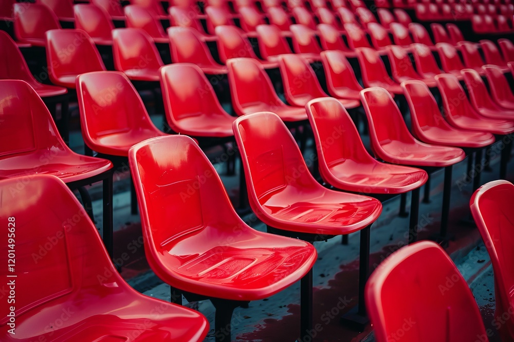 Obraz premium Empty red plastic seats in a stadium, creating a vibrant and repetitive pattern