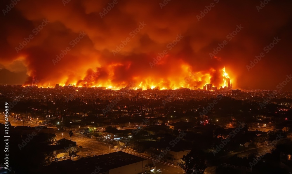 Fototapeta premium City Under Siege: Apocalyptic Firestorm Engulfs Urban Landscape