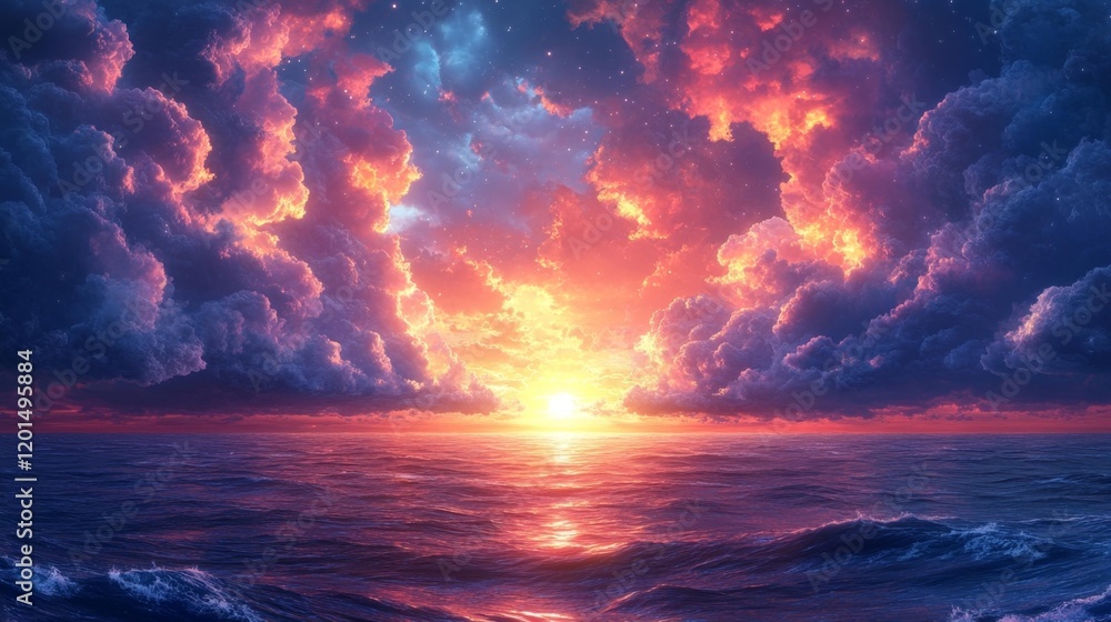 Fototapeta premium Majestic Fantasy Sky with Dramatic Clouds over Ocean. Generative AI