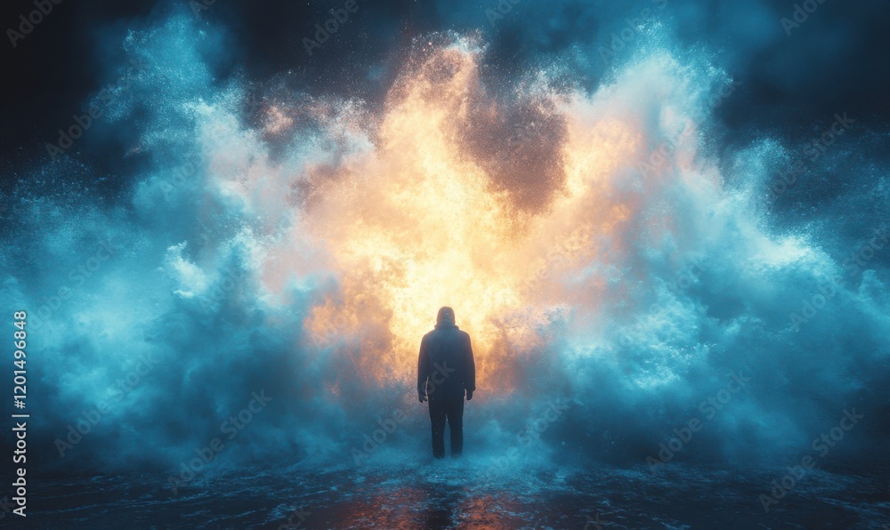 Mysterious figure stands against vibrant explosion of colors at night Mysterious figure stands against vibrant explosion of colors at night