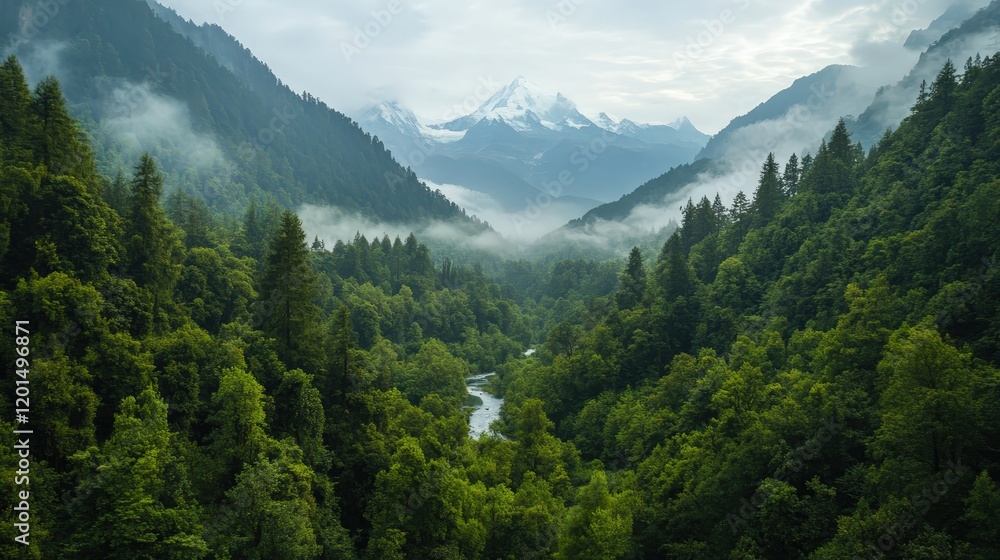 Fototapeta premium Lush Valley Surrounded by Evergreen Trees with Majestic Mountains in Background and Mist