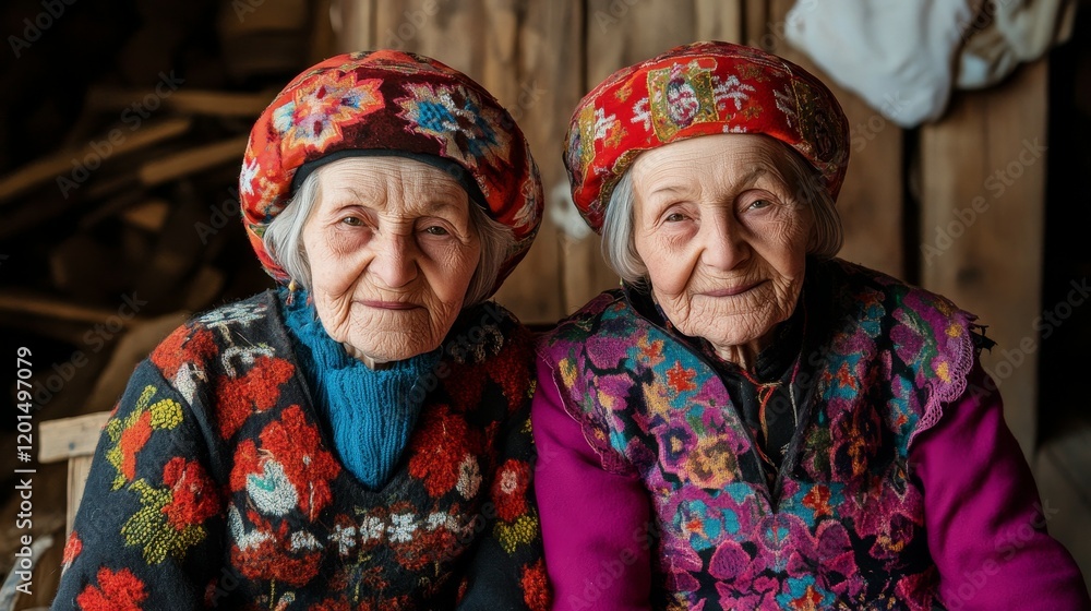 Fototapeta premium Serene Serbian Twins in Traditional Balkan Attire with Folk Motifs Against Rustic Backdrop