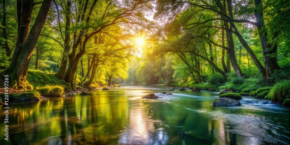 Serene River Flowing Through Lush Forest - High-Resolution Stock Photo Serene River Flowing Through Lush Forest - High-Resolution Stock Photo
