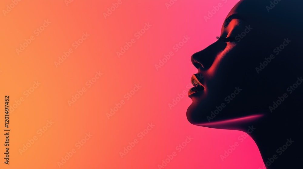 A silhouette of a woman's profile against a vibrant, gradient background of pink and orange hues. A silhouette of a woman's profile against a vibrant, gradient background of pink and orange hues.