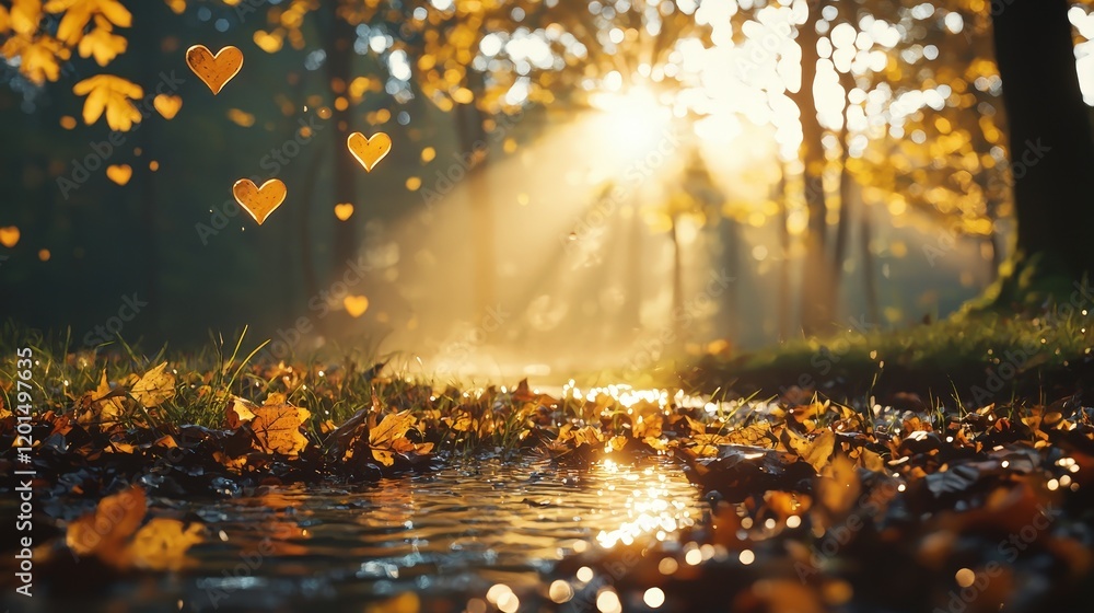 Heart Shaped Leaves Floating Above Tranquil Forest Stream in Beautiful Bokeh Light Heart Shaped Leaves Floating Above Tranquil Forest Stream in Beautiful Bokeh Light