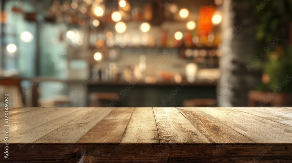 Wooden Tabletop in a Blurred Cafe Setting Wooden Tabletop in a Blurred Cafe Setting