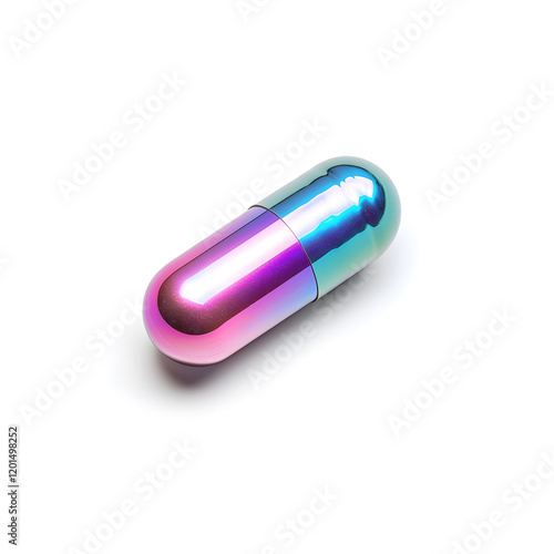 Iridescent pill capsule, isolated on white background photo