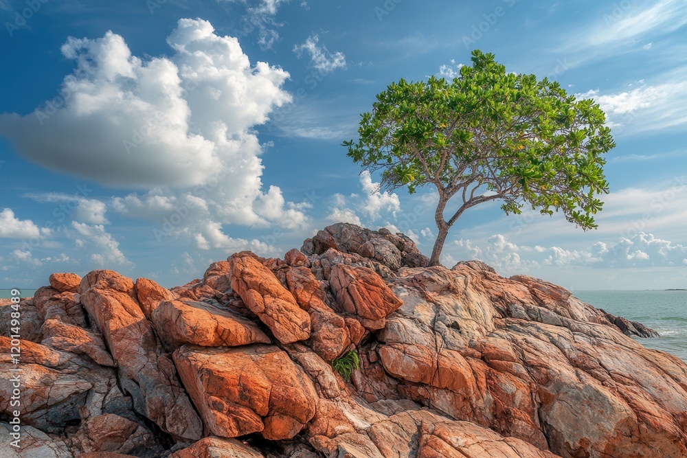 Stunning Rocky Beach Landscape with Isolated Tree Against Dramatic Cloudy Sky, Capturing Nature’s Beauty and Serenity in a Coastal Environment