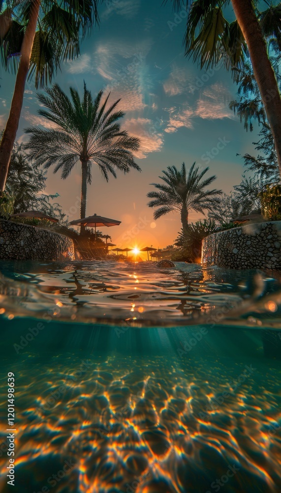 Fototapeta premium Underwater serenity infinity pool at sunset with palm trees and parasols reflecting soft light
