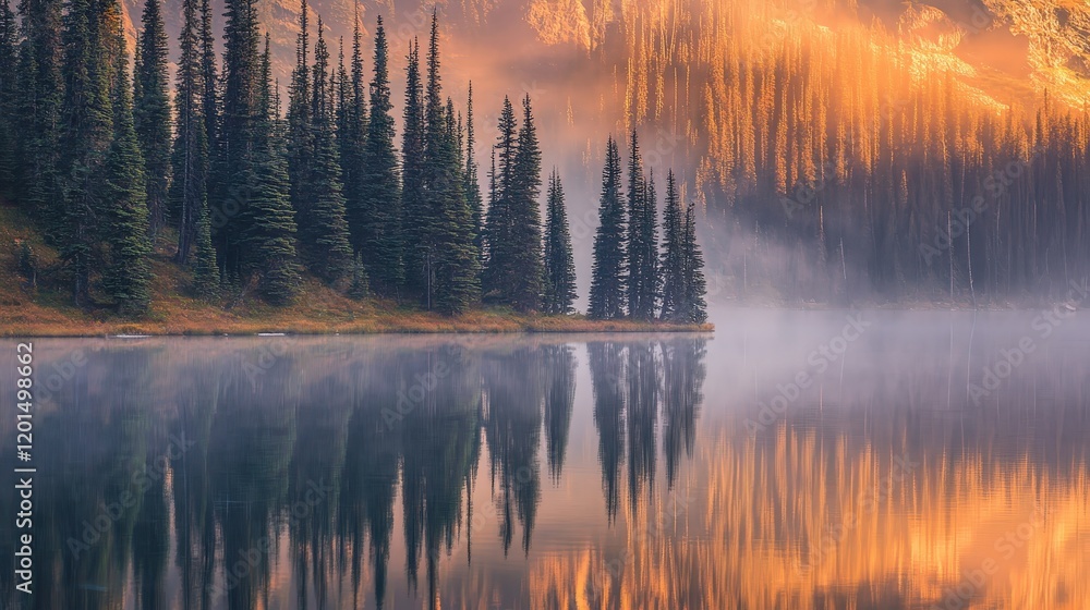 Obraz premium Morning Sunrise Over a Calm Forest Lake