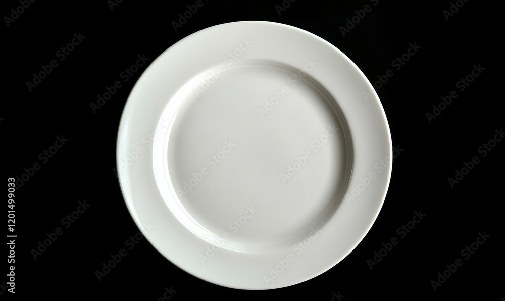 Empty white plate on black background table. Flat lay, top view, copy space Empty white plate on black background table. Flat lay, top view, copy space