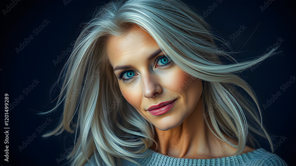 Fototapeta premium Portrait of beautiful middle aged woman smiling and looking into camera against dark background. Mature beauty lifestyle. Close-up portrait of charming middle-aged woman with long silver hair