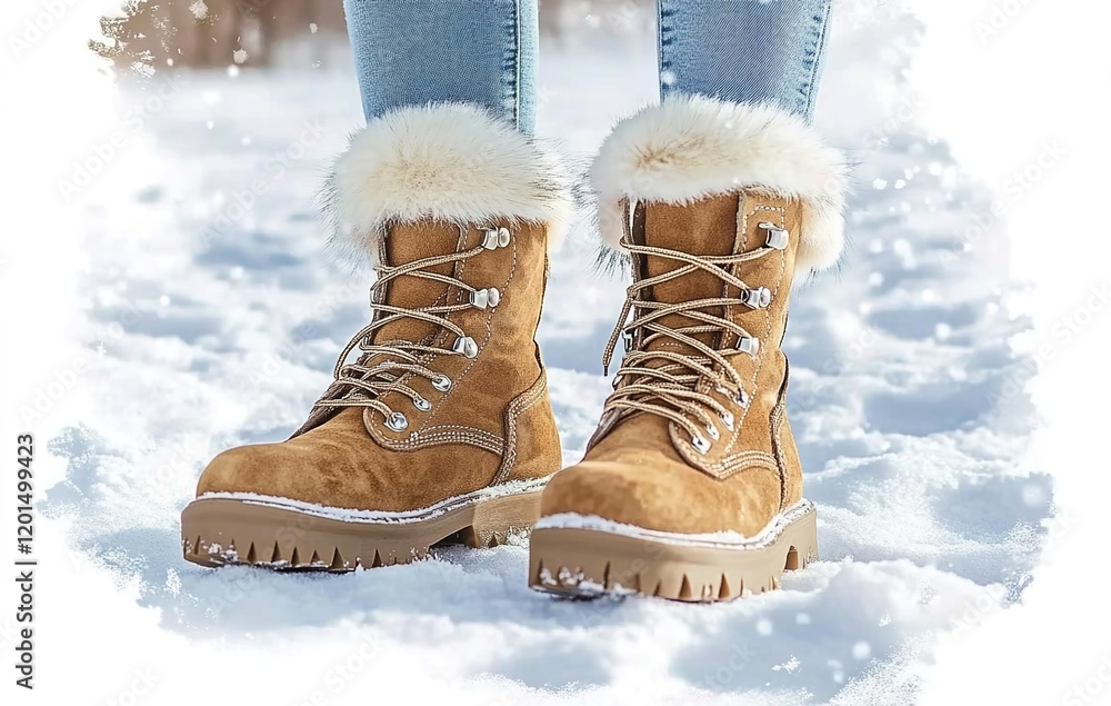 A pair of winter boots with fur on the top, worn by an Asian woman in light blue jeans and a beige sweater A pair of winter boots with fur on the top, worn by an Asian woman in light blue jeans and a beige sweater