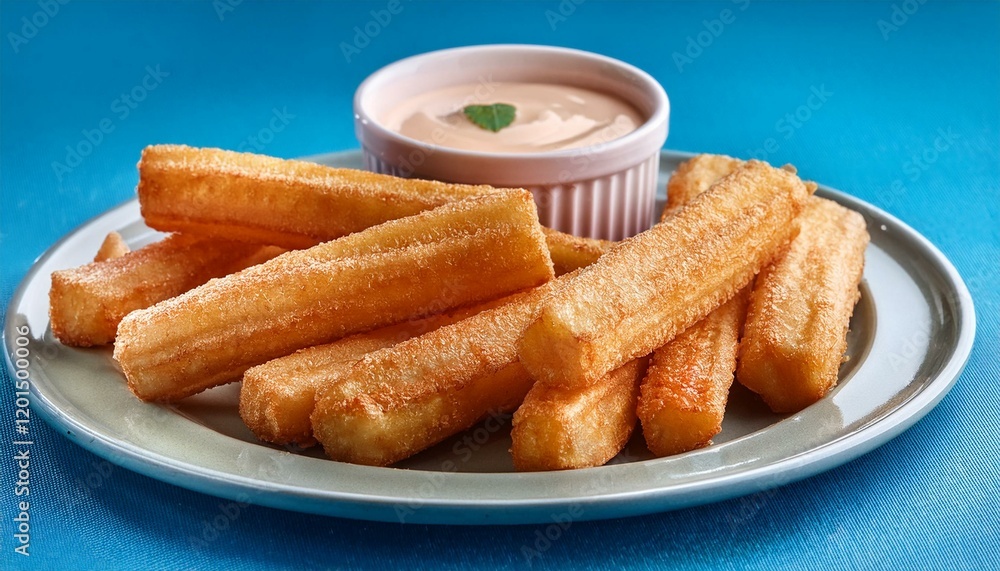 Crispy fried yuca frita sticks on blue background Crispy fried yuca frita sticks on blue background
