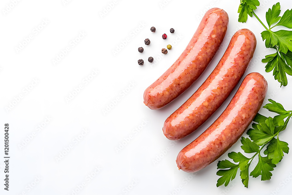 Boiled, grilled sausages isolated on white background, top view Boiled, grilled sausages isolated on white background, top view