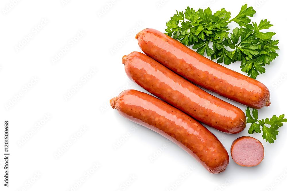 Boiled, grilled sausages isolated on white background, top view Boiled, grilled sausages isolated on white background, top view