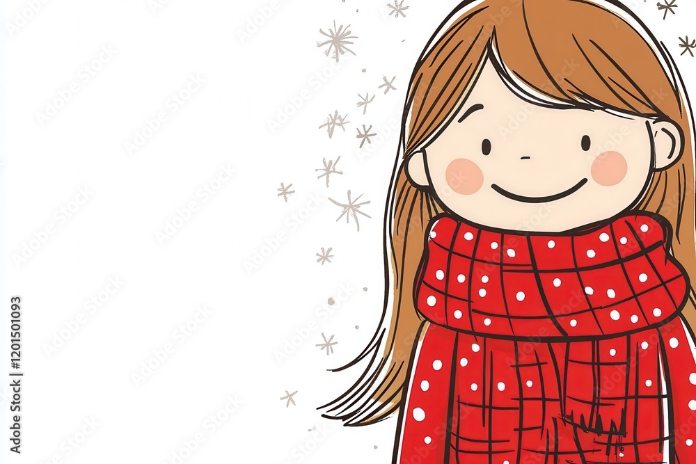Cheerful Girl in a Red Scarf Against a Soft White Background with Snowflakes, Perfect for Winter-Themed Illustrations and Holiday Greetings Cheerful Girl in a Red Scarf Against a Soft White Background with Snowflakes, Perfect for Winter-Themed Illustrations and Holiday Greetings