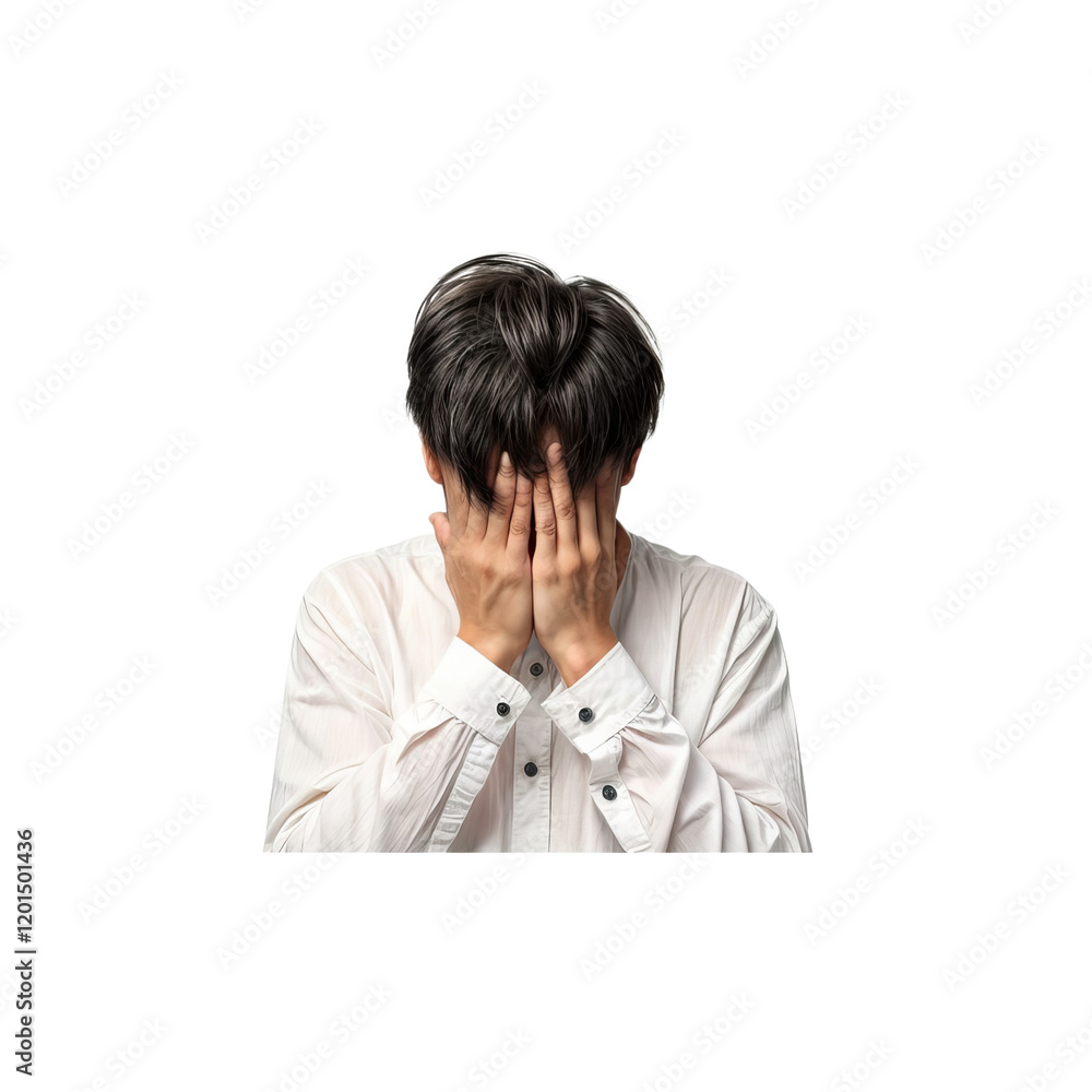 Despair and Concealment: A young man with dark hair sits with his face hidden by his hands, conveying a sense of profound sadness, disappointment, or anxiety. Despair and Concealment: A young man with dark hair sits with his face hidden by his hands, conveying a sense of profound sadness, disappointment, or anxiety.