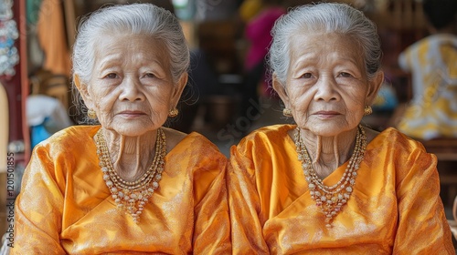 Serene Cambodian Elderly Twins in Silk Robes and Traditional Jewelry Displaying Gentle Expressions photo