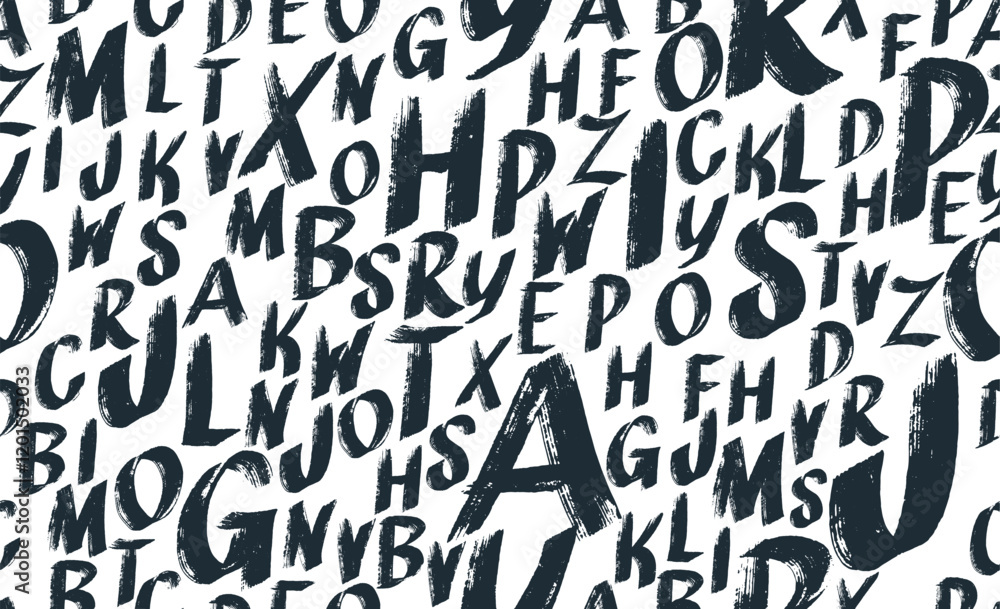 Scattered black letters alphabet seamless pattern. Grunge paint texture. Stamp typography banner. Bold font with dry brush. Childish style abc letters. Vector hand drawn typography seamless pattern. Scattered black letters alphabet seamless pattern. Grunge paint texture. Stamp typography banner. Bold font with dry brush. Childish style abc letters. Vector hand drawn typography seamless pattern.