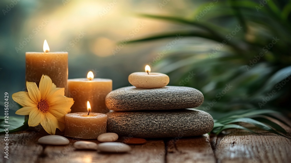 Lit candles, stacked stones, flower, and pebbles on wooden surface, serene spa setting. Lit candles, stacked stones, flower, and pebbles on wooden surface, serene spa setting.
