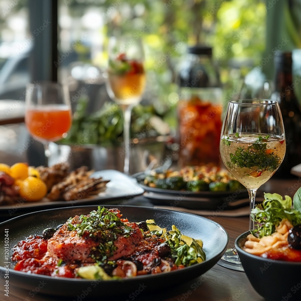 Delicious salmon dish with pasta, vegetables, and wine on a restaurant table. Delicious salmon dish with pasta, vegetables, and wine on a restaurant table.