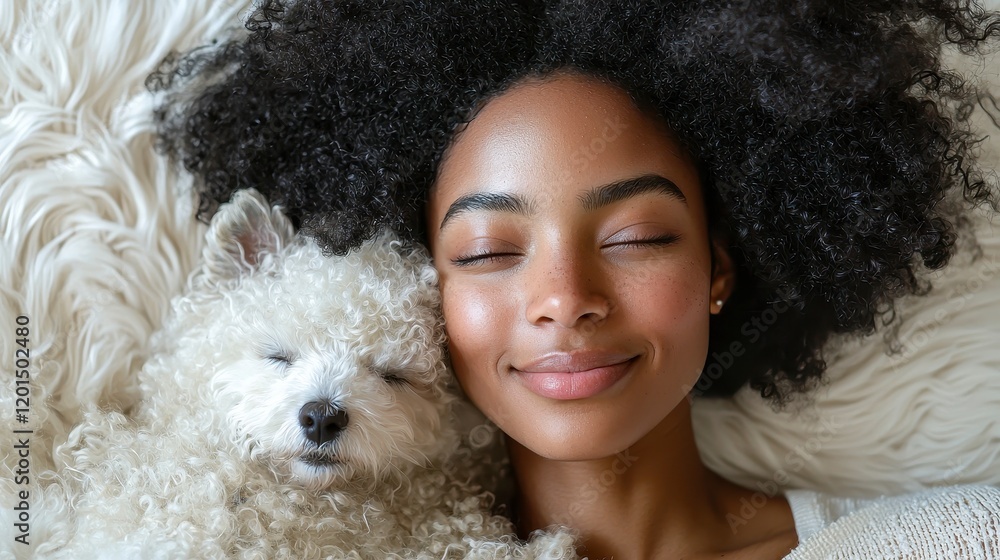 Woman and dog sleeping peacefully together on a fluffy surface. Woman and dog sleeping peacefully together on a fluffy surface.