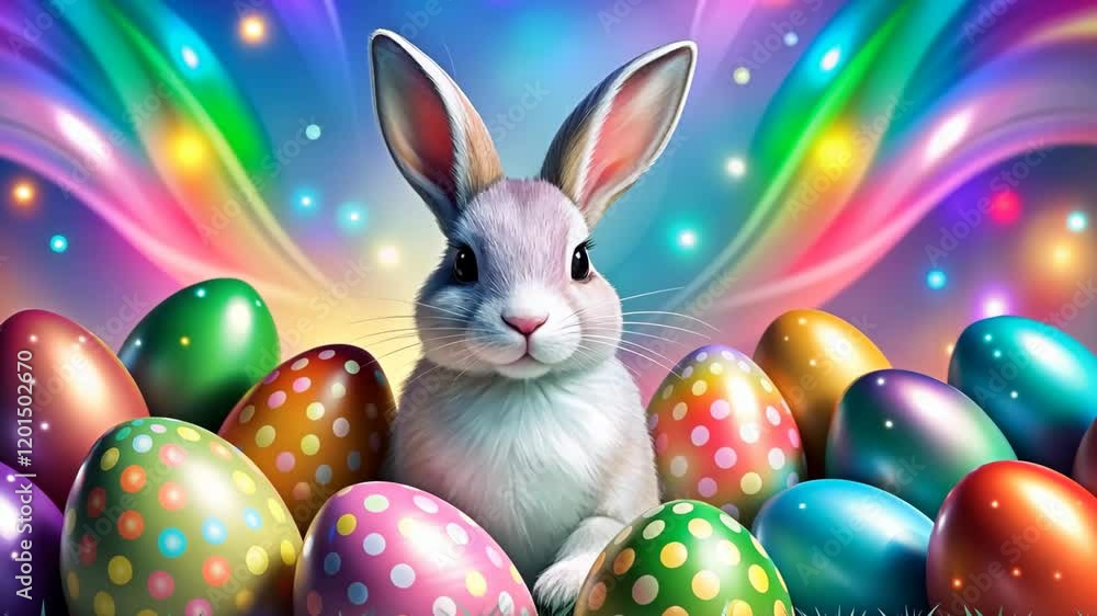 custom made wallpaper toronto digitalWhite Easter bunny surrounded by colorful Easter eggs on swirling rainbow background with colorful glowing lights