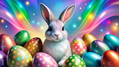 Wallpaper Mural White Easter bunny surrounded by colorful Easter eggs on swirling rainbow background with colorful glowing lights Torontodigital.ca