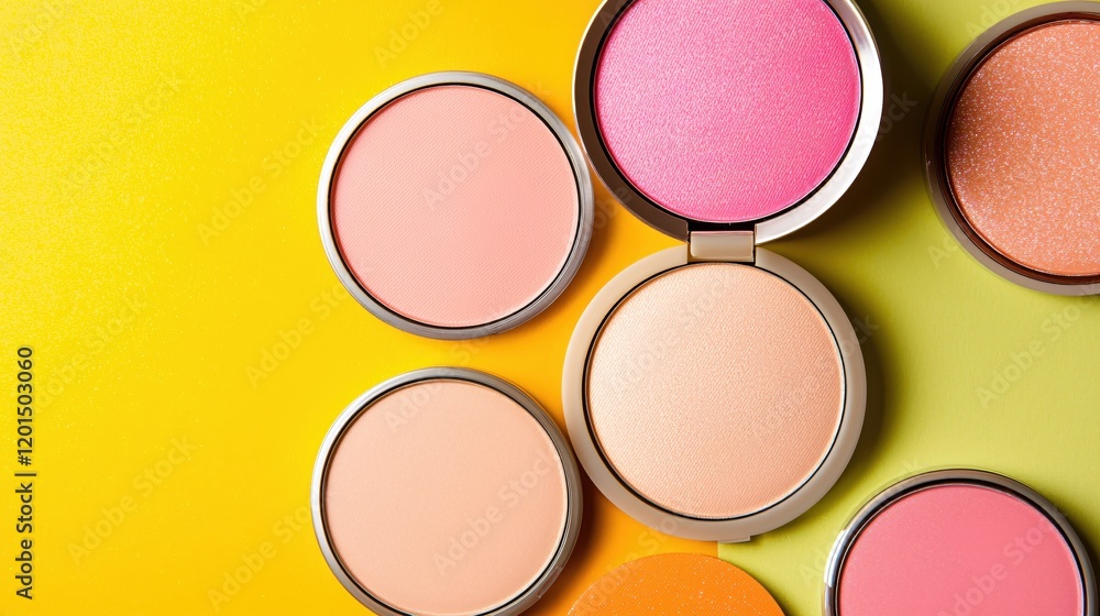 Vibrant Makeup Powder Shades on Yellow and Green Background Vibrant Makeup Powder Shades on Yellow and Green Background