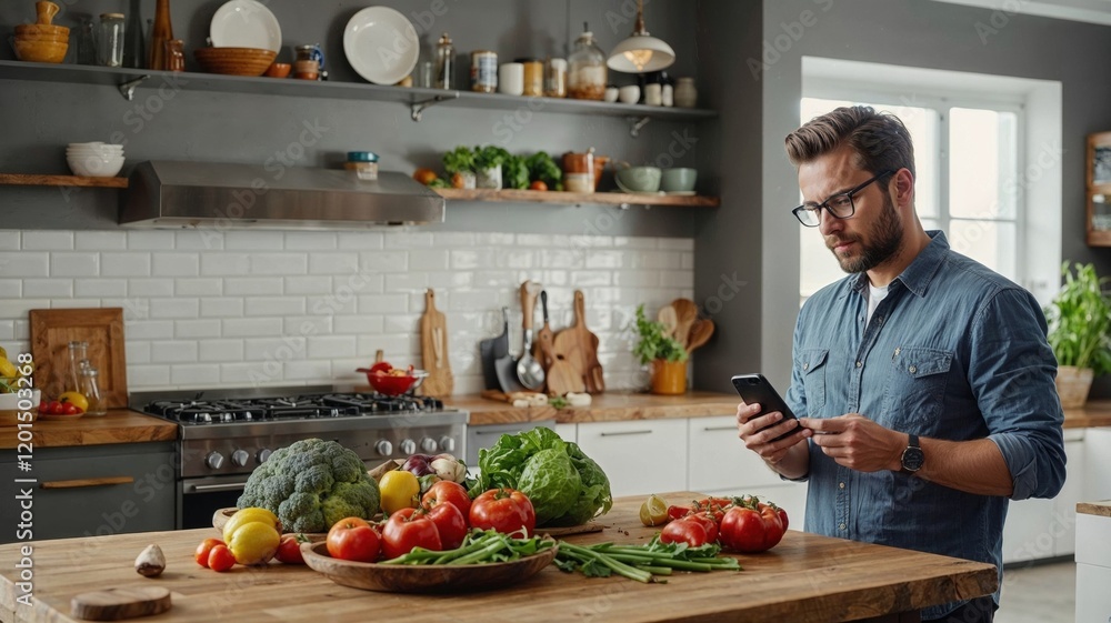 man in a modern kitchen surrounded by fresh vegetables, using his smartphone for a recipe, representing healthy cooking, technology, and a passion for culinary creativity man in a modern kitchen surrounded by fresh vegetables, using his smartphone for a recipe, representing healthy cooking, technology, and a passion for culinary creativity