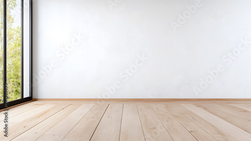 Empty modern interior room with an empty white wall and wooden floor mock up