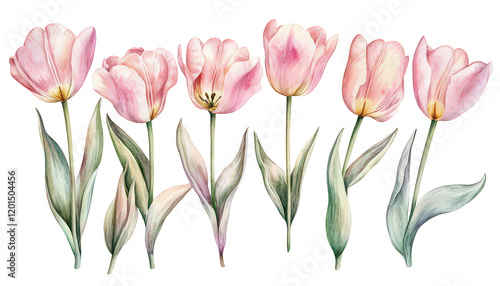 Wallpaper Mural Exquisite Watercolor Pink Tulips Floral Botanical Illustration Spring Flowers Elegant Design Torontodigital.ca