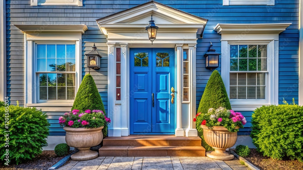 Obraz premium New England Home Exterior: Vibrant Blue Front Door with Sidelights and Transom, Potted Plants