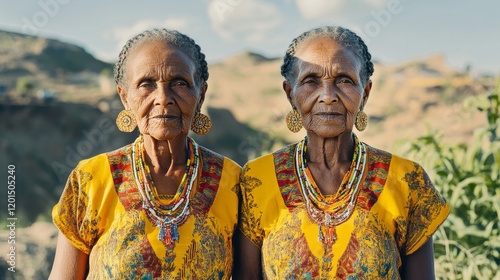 Harmonious Reflections: Eritrean Elderly Twins in Zuria Dresses Embrace Nature with Bold Jewelry and Mirrored Poses photo